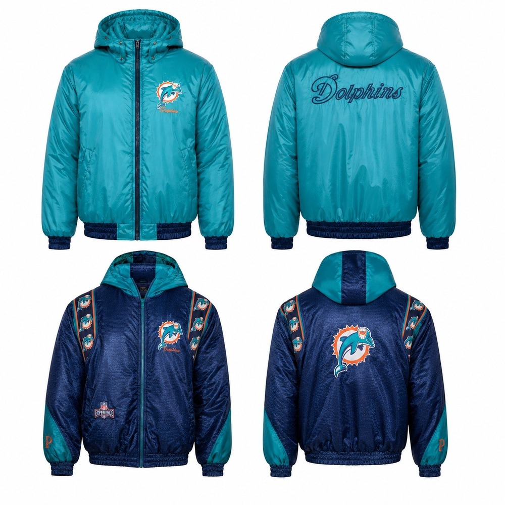 Miami Dolphins NFL Experience Reversible Hooded Puffer Jacket Teal Navy Blue